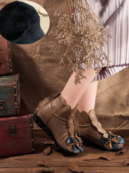 Leather Flower Spliced Ankle Boots