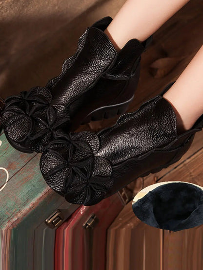 Leather Flower Spliced Ankle Boots