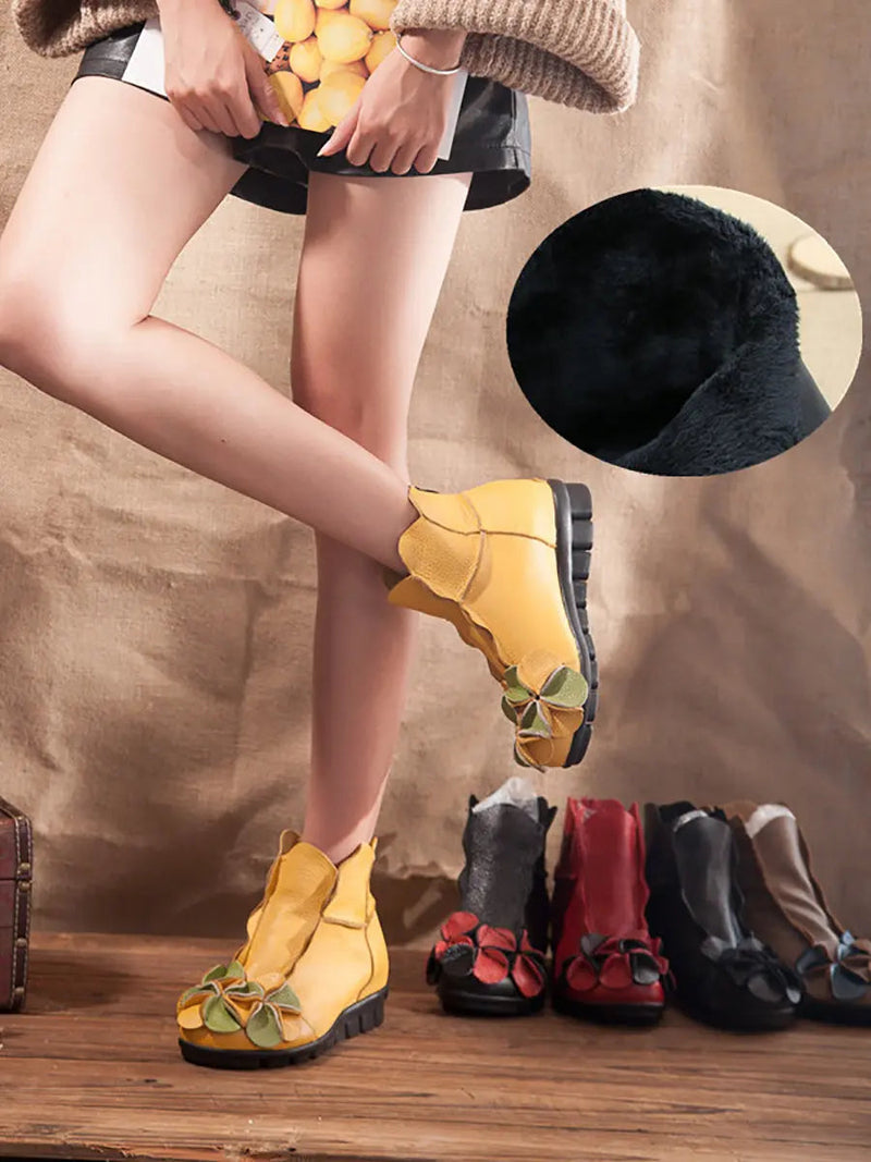 Leather Flower Spliced Ankle Boots