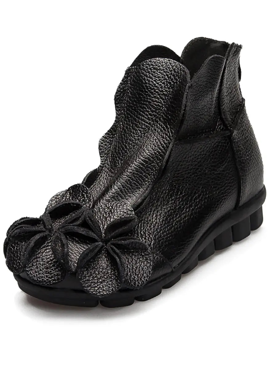 Leather Flower Spliced Ankle Boots