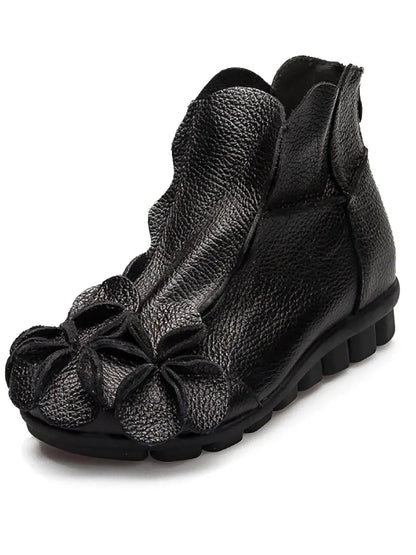 Leather Flower Spliced Ankle Boots
