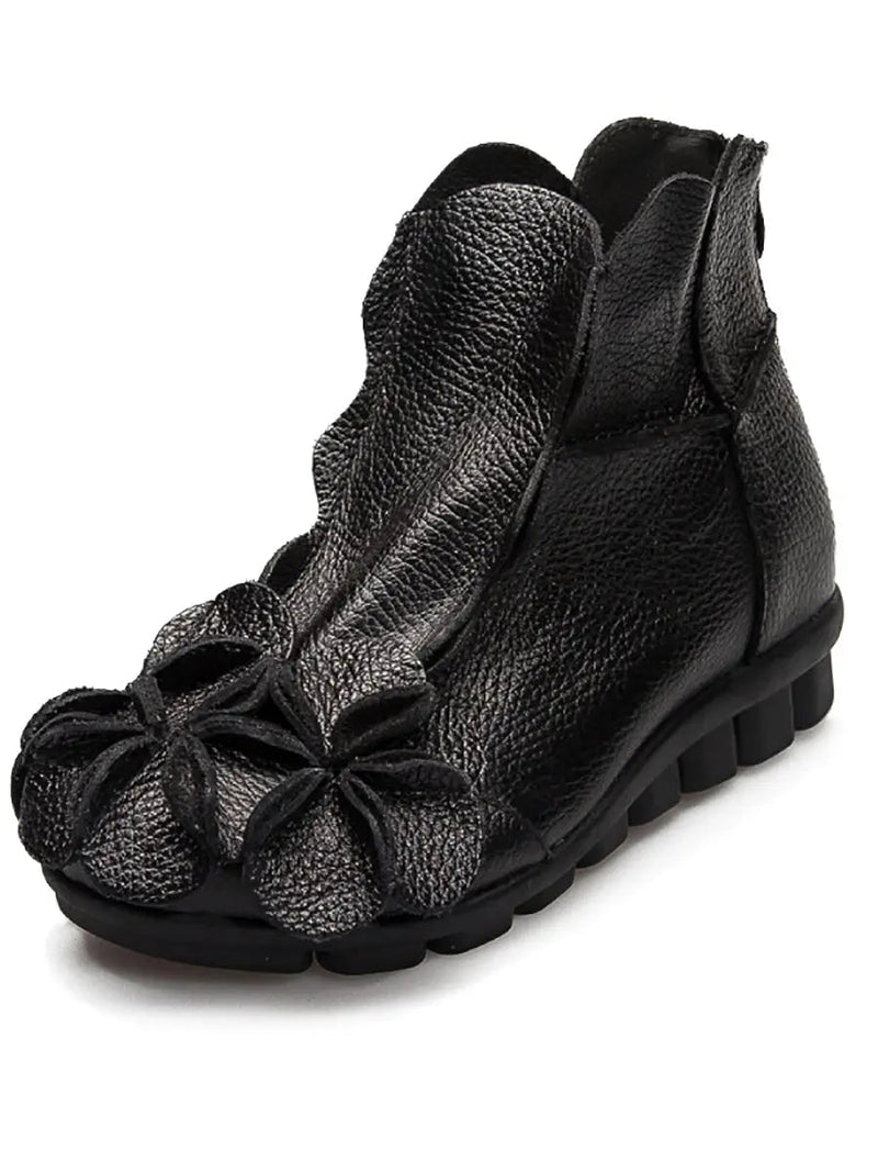 Leather Flower Spliced Ankle Boots