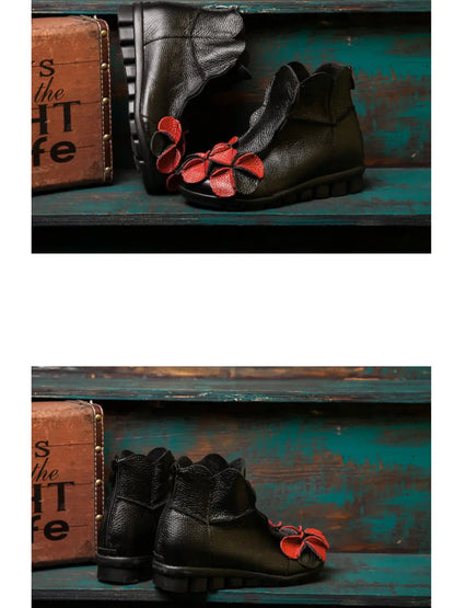 Leather Flower Spliced Ankle Boots