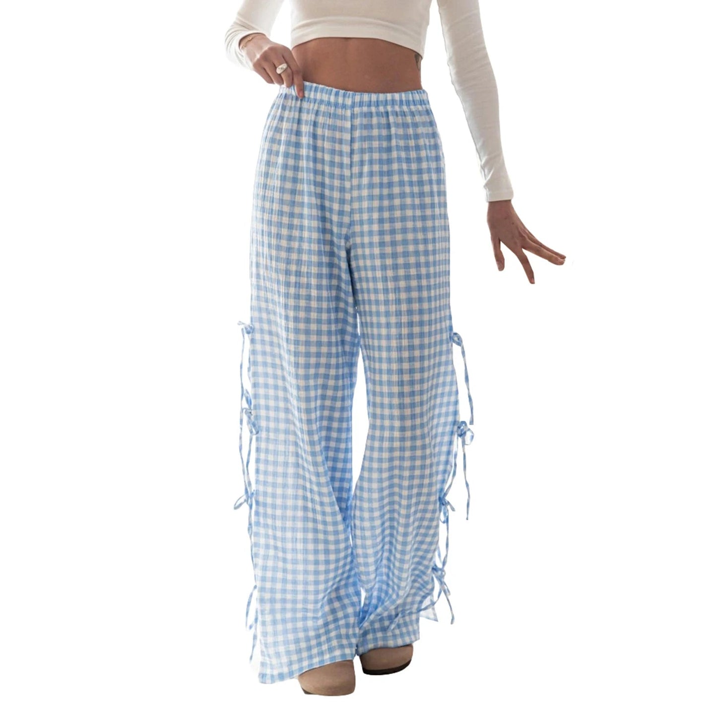 Tie-up Plaid Stripe Loose Polyester Wide Leg Pant