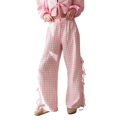 Tie-up Plaid Stripe Loose Polyester Wide Leg Pant