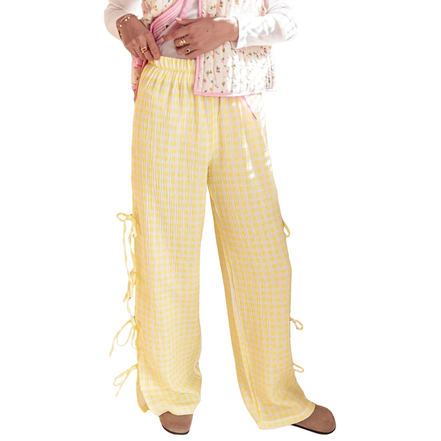 Tie-up Plaid Stripe Loose Polyester Wide Leg Pant