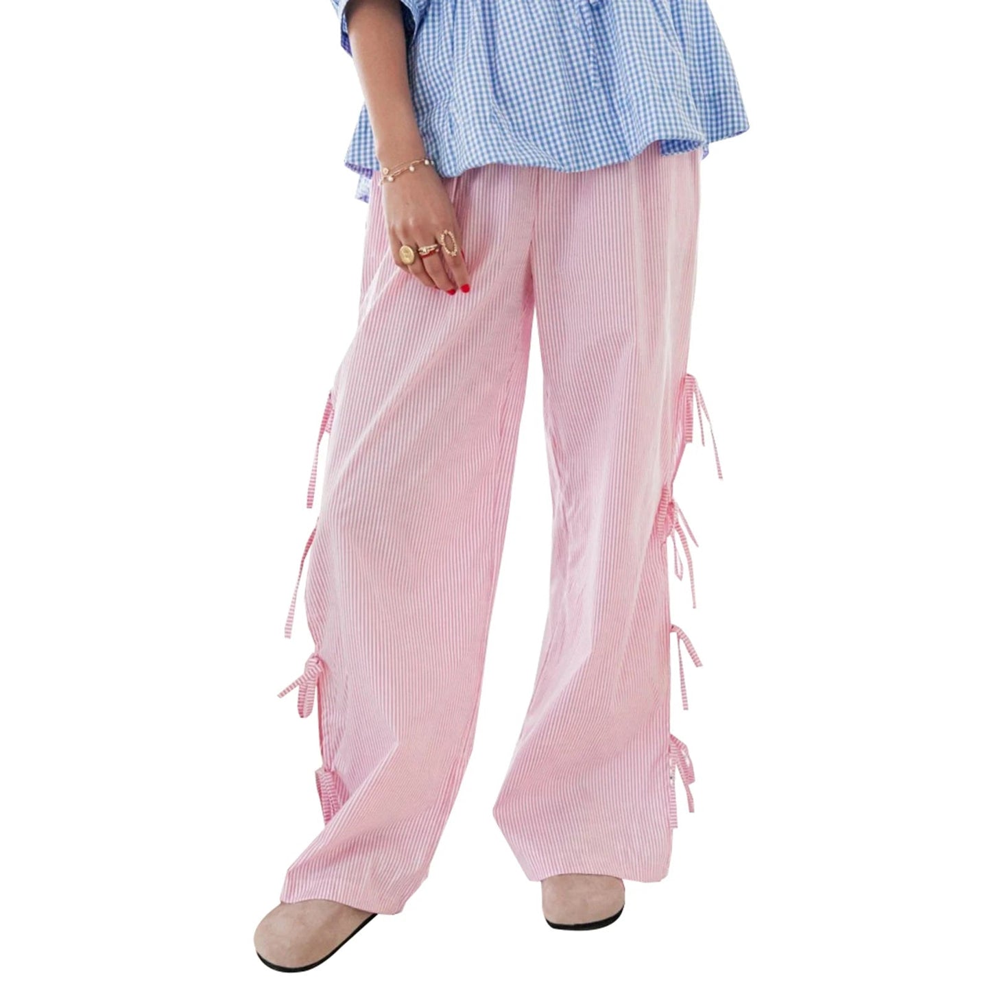 Tie-up Plaid Stripe Loose Polyester Wide Leg Pant