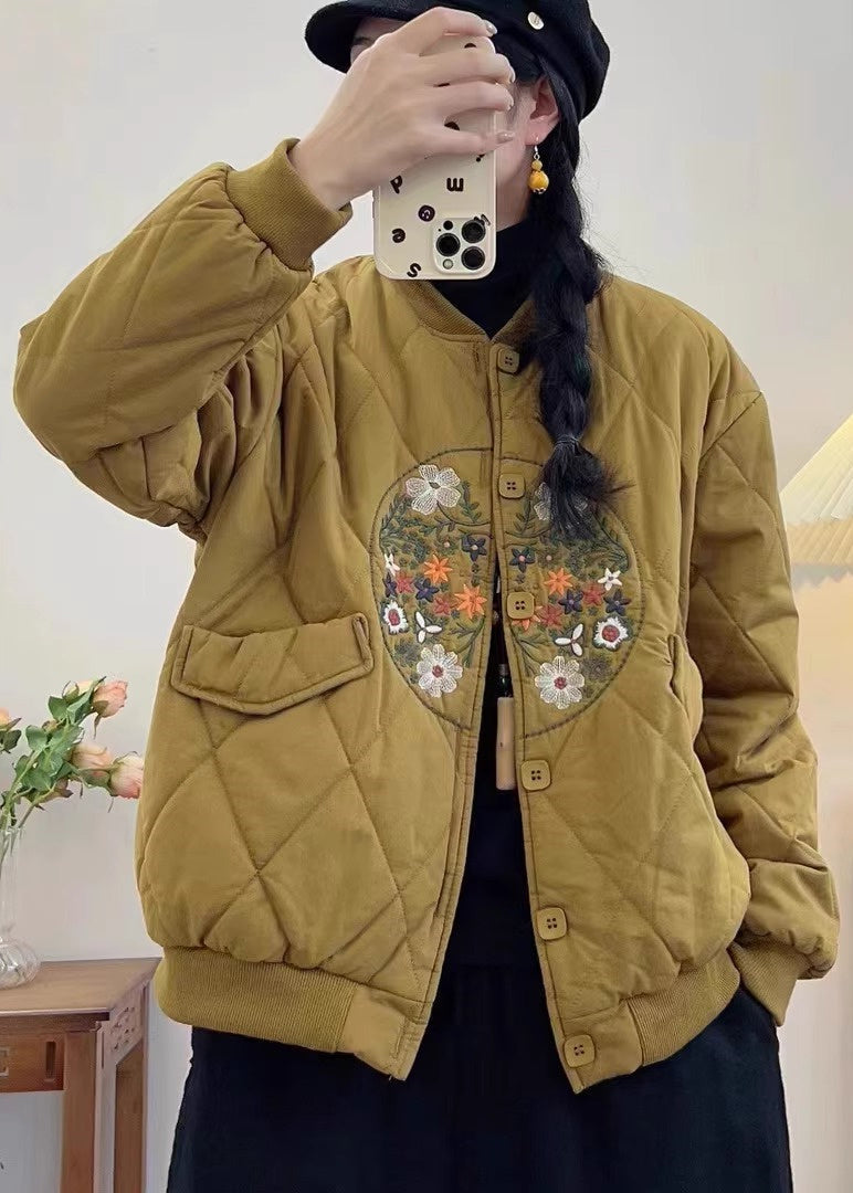 Yellow Embroidered Pockets Fine Cotton Filled Coats Spring Tn013