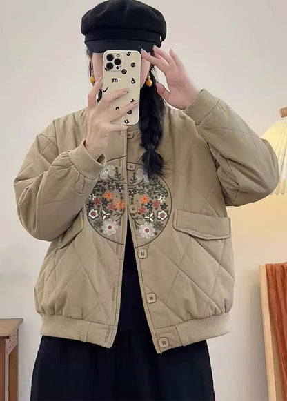 Yellow Embroidered Pockets Fine Cotton Filled Coats Spring Tn013