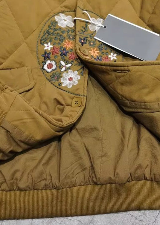 Yellow Embroidered Pockets Fine Cotton Filled Coats Spring Tn013