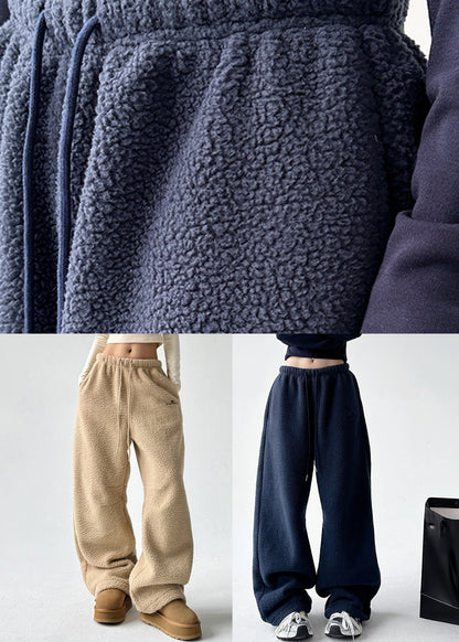 Navy Elastic Waist Warm Fleece Wide Leg Pants Ta053
