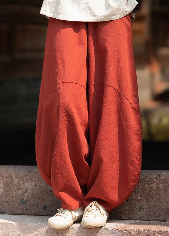 Yellow Pockets Elastic Waist Linen Pants Fall Wp032