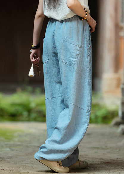 Yellow Pockets Elastic Waist Linen Pants Fall Wp032