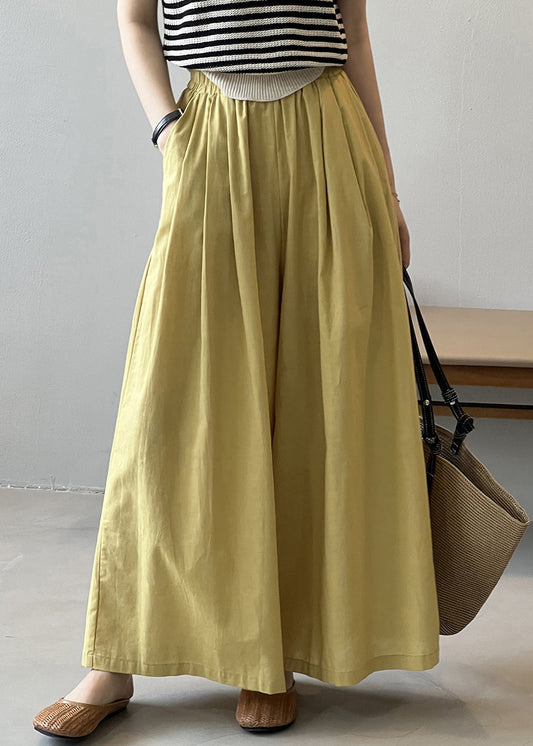 Yellow Pockets Cotton Wide Leg Pants Summer Qe055