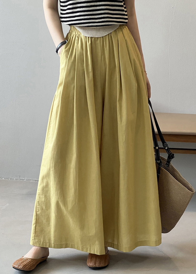 Yellow Pockets Cotton Wide Leg Pants Summer Qe055