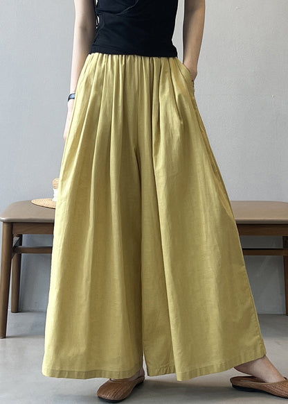 Yellow Pockets Cotton Wide Leg Pants Summer Qe055