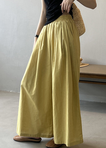 Yellow Pockets Cotton Wide Leg Pants Summer Qe055