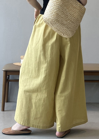 Yellow Pockets Cotton Wide Leg Pants Summer Qe055