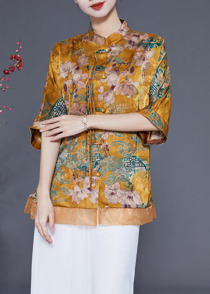 Yellow Stand Collar Patchwork Tassel Silk Blouses Half Sleeve Ly1856