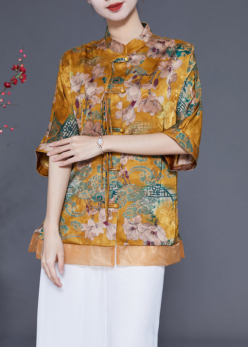 Yellow Stand Collar Patchwork Tassel Silk Blouses Half Sleeve Ly1856