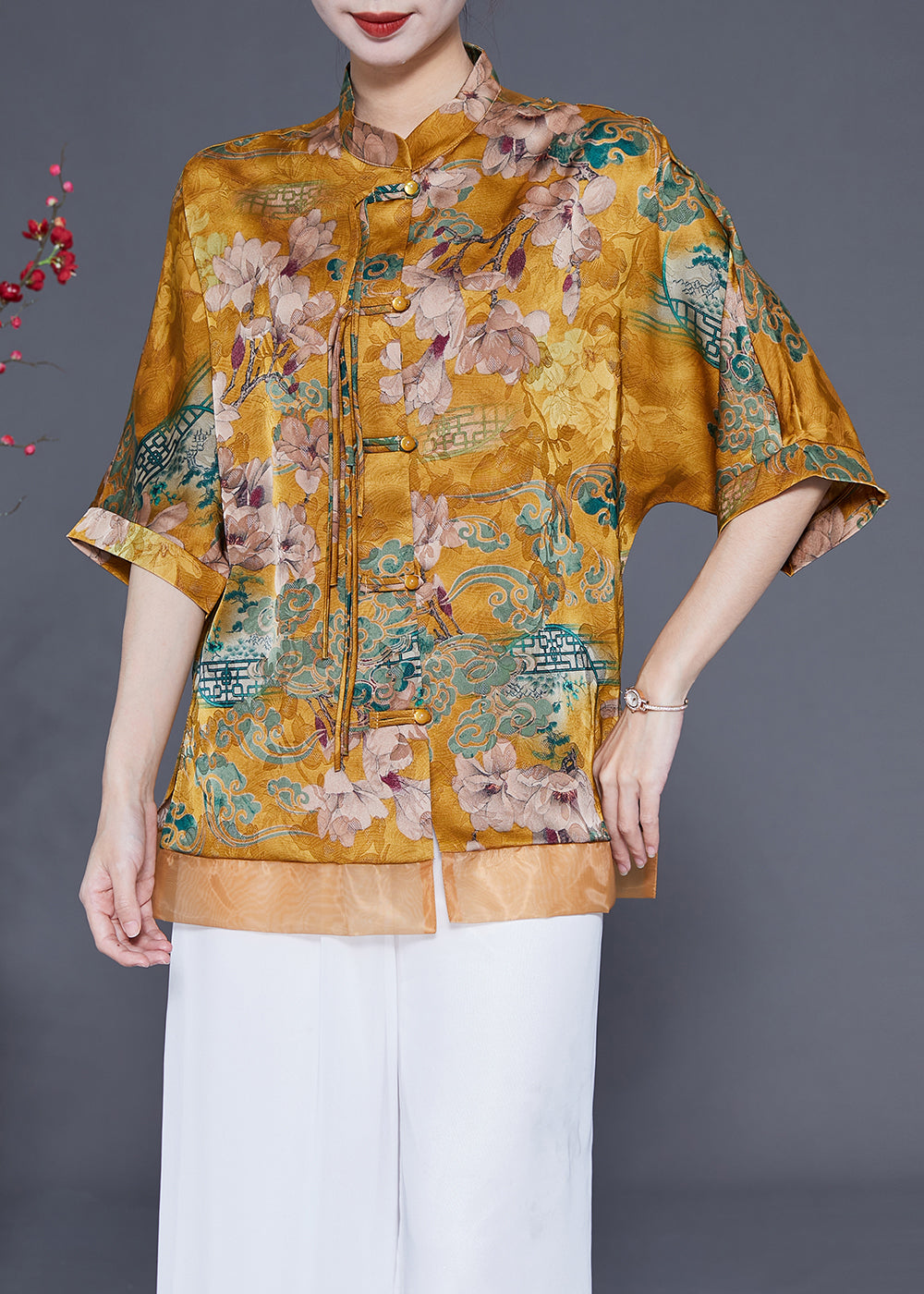 Yellow Stand Collar Patchwork Tassel Silk Blouses Half Sleeve Ly1856