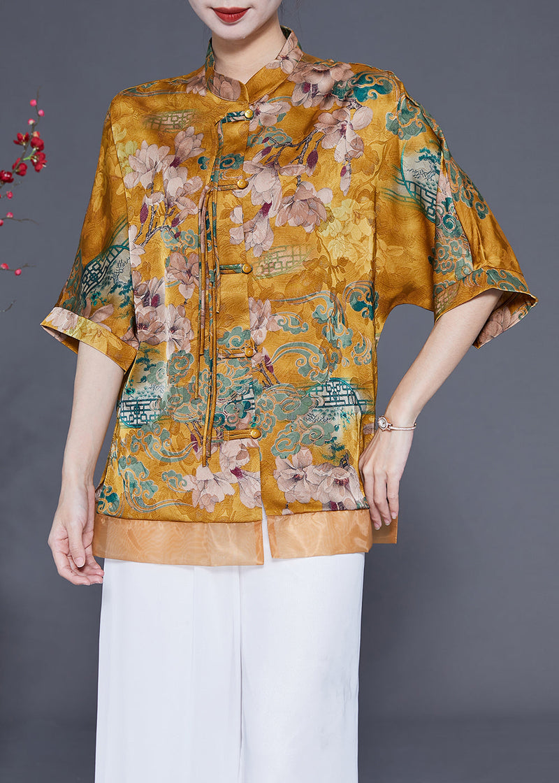 Yellow Stand Collar Patchwork Tassel Silk Blouses Half Sleeve Ly1856