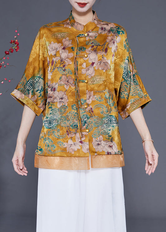 Yellow Stand Collar Patchwork Tassel Silk Blouses Half Sleeve Ly1856