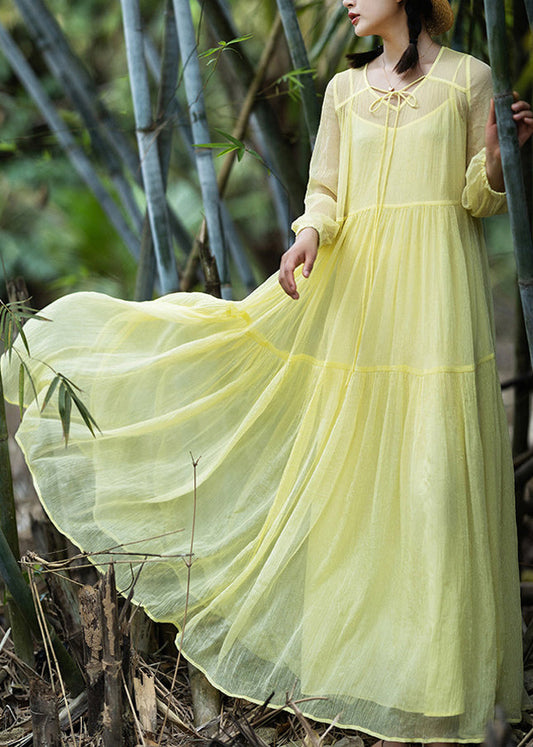 Yellow V Neck Patchwork Chiffon Vacation Long Dresses Spring Ly1787