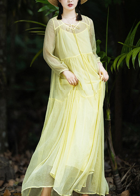 Yellow V Neck Patchwork Chiffon Vacation Long Dresses Spring Ly1787