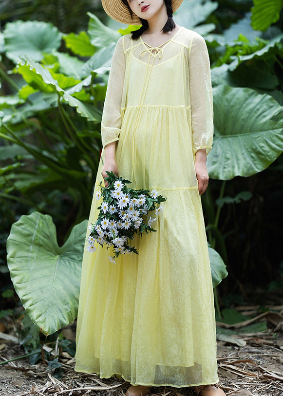 Yellow V Neck Patchwork Chiffon Vacation Long Dresses Spring Ly1787