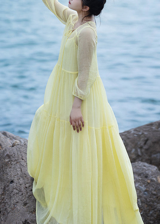 Yellow V Neck Patchwork Chiffon Vacation Long Dresses Spring Ly1787