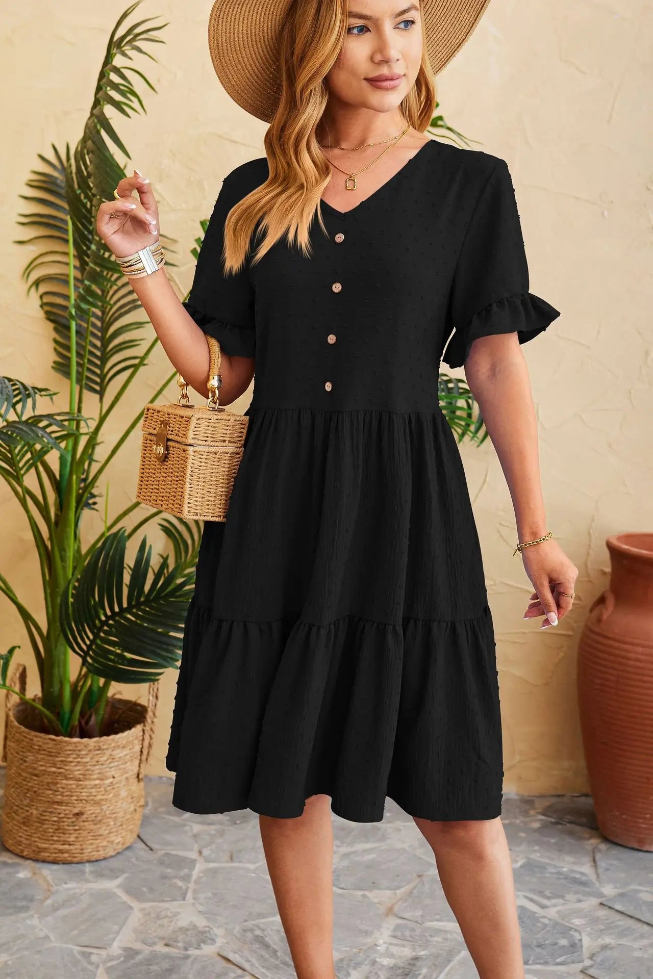 New Jacquard Five-quarter Pleat Polka Loose Midi Dresses