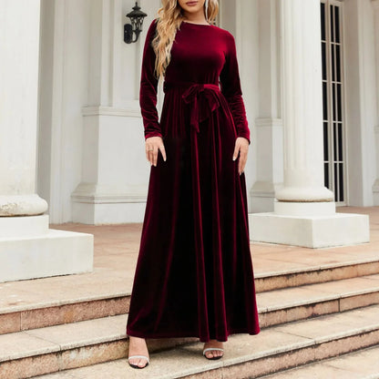 Green Velvet Long Dress With Lace-up Detail for Christmas Party