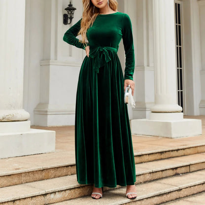 Autumn New Green Velvet Long Dress O-neck Lace-up Party Dress