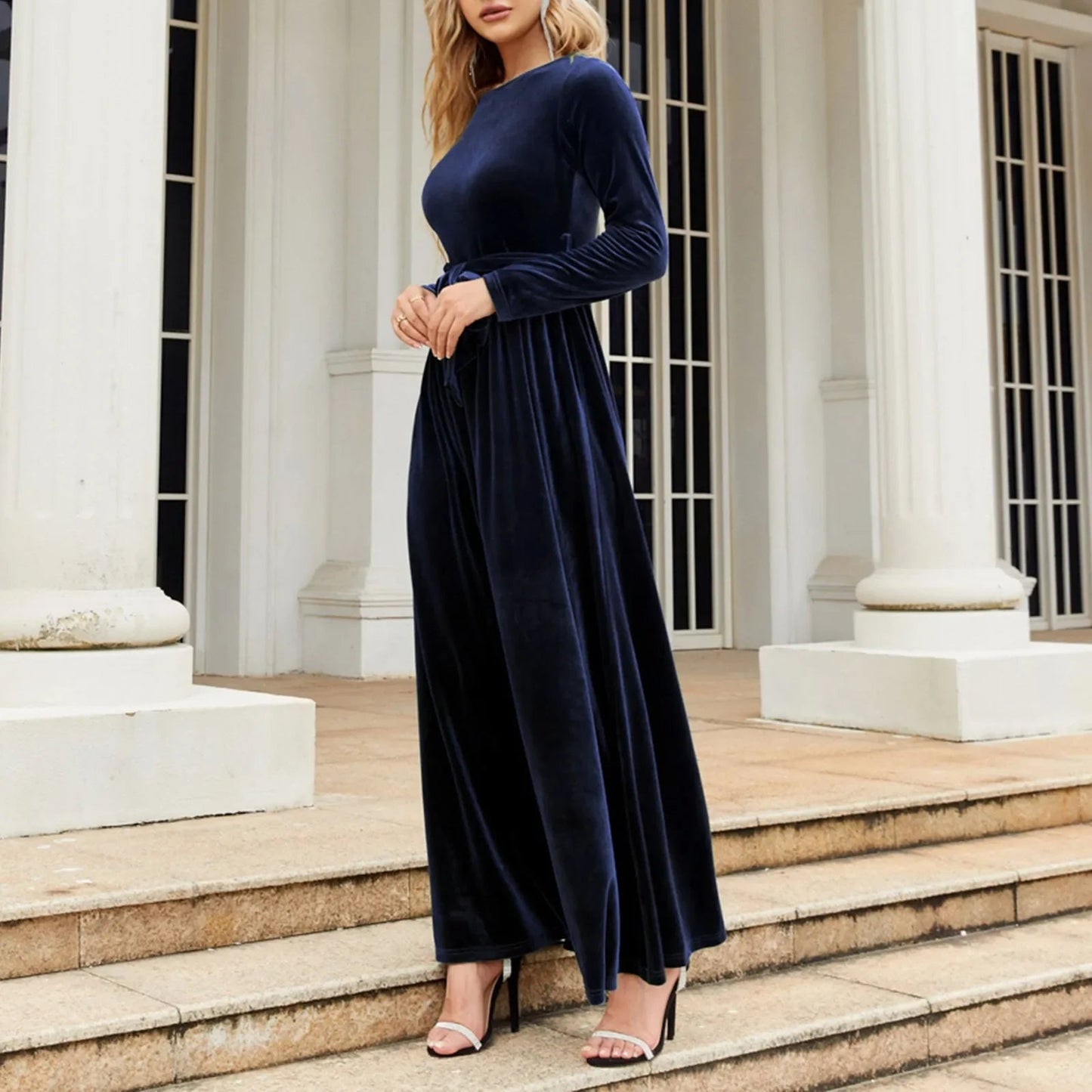 Green Velvet Long Dress With Lace-up Detail for Christmas Party