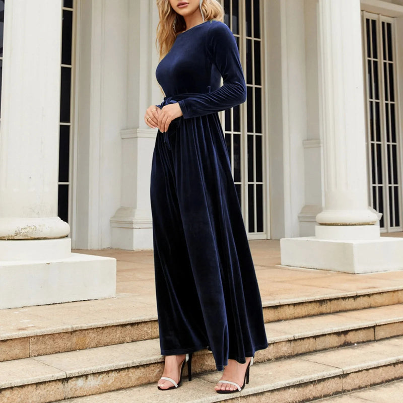 Autumn New Green Velvet Long Dress O-neck Lace-up Party Dress