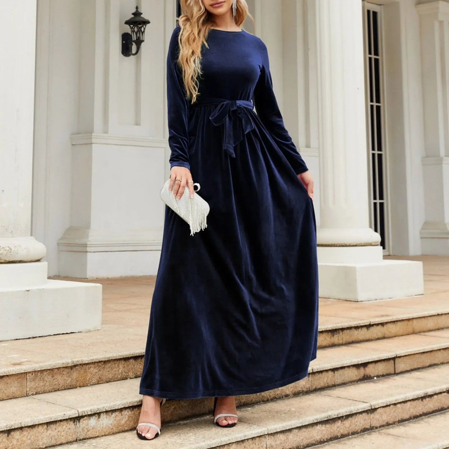 Autumn New Green Velvet Long Dress O-neck Lace-up Party Dress
