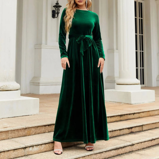 Green Velvet Long Dress With Lace-up Detail for Christmas Party