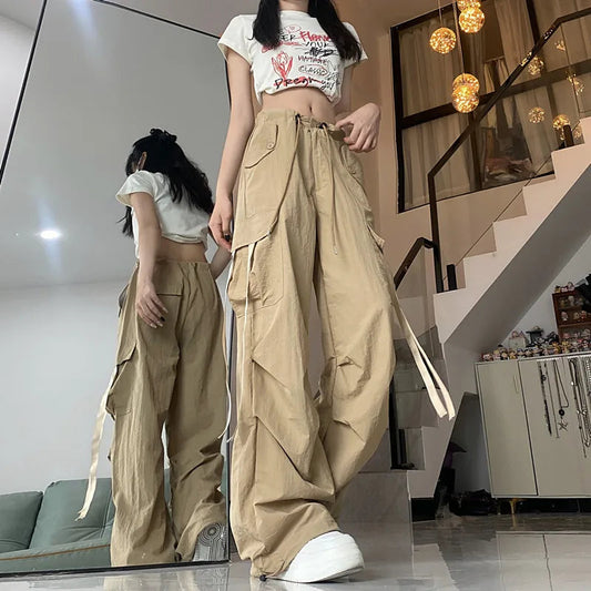Khaki Straight Baggy Wide Leg High Waist Drawstring Sweatpants