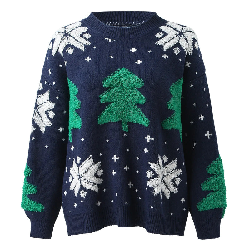Christmas Tree Print Round Neck Long Sleeve Knitwear Sweater