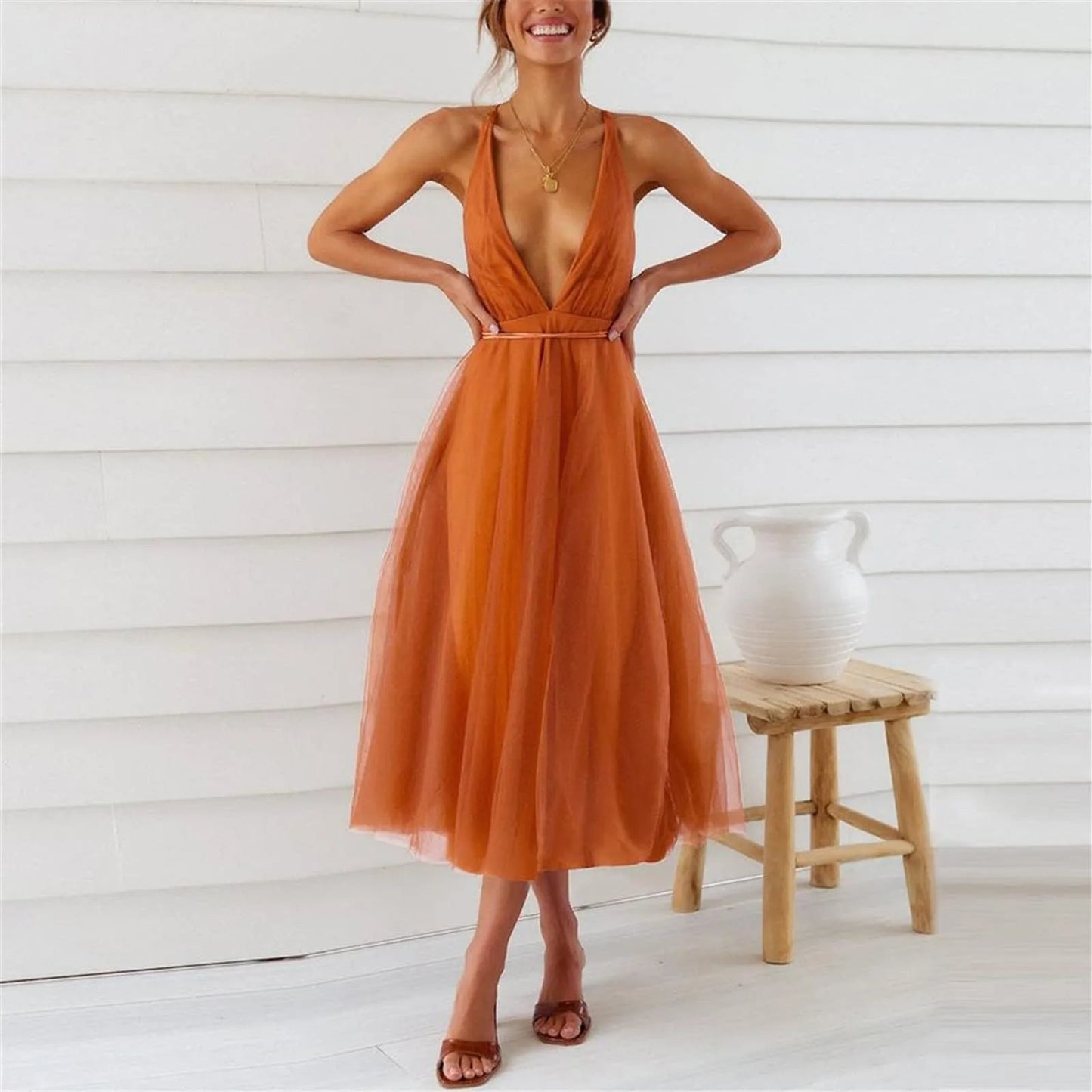 Lace-up Empire Waist Deep V-neck Backless Tulle Bridesmaid Midi Dress