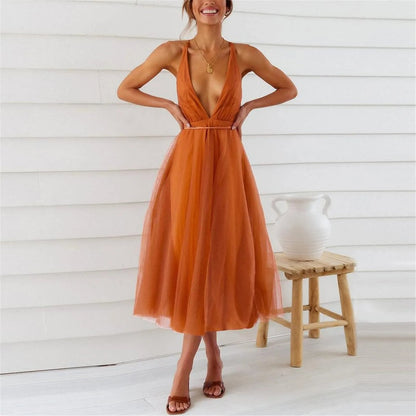 Lace-up Empire Waist Deep V-neck Backless Tulle Bridesmaid Midi Dress