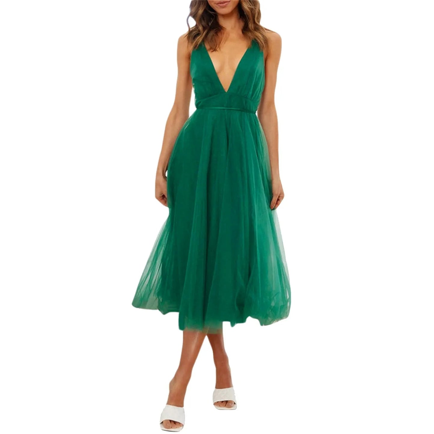 Lace-up Empire Waist Deep V-neck Backless Tulle Bridesmaid Midi Dress