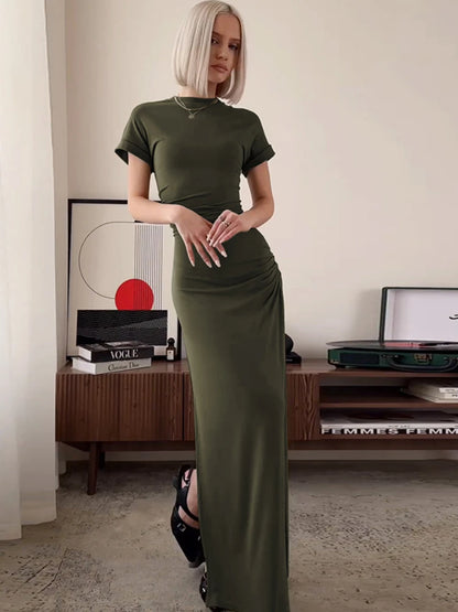 ’s O Neck Maxi Dress Short Sleeve Slim High Waist Shirring Dress Side Slit Evening Club Bodycon Dress Lady