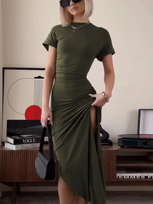 ’s O Neck Maxi Dress Short Sleeve Slim High Waist Shirring Dress Side Slit Evening Club Bodycon Dress Lady