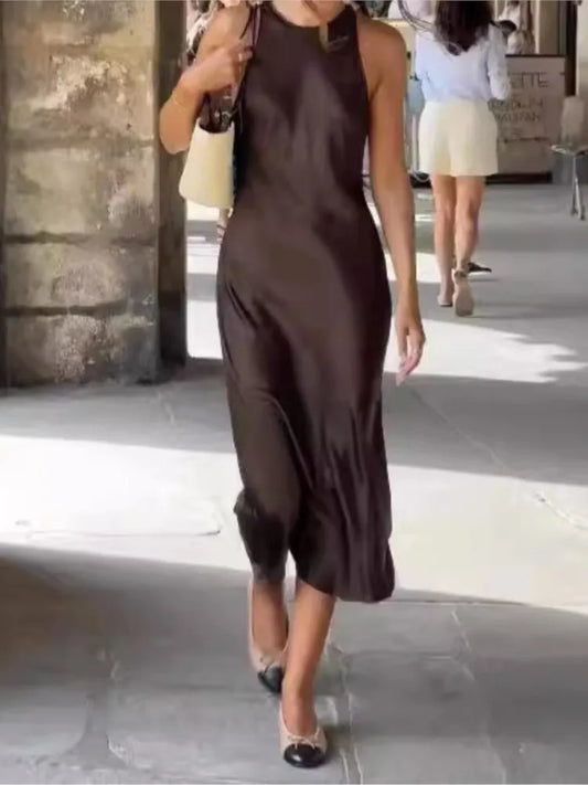 ’s Satin Sleeveless Midi Dress Color O Neck Slim Fit Dresses Female Stylish Street Party Vestido