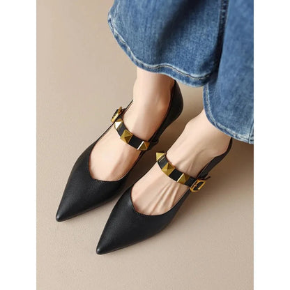 Fall New Pointed Shal Mouth Rivets Professional Temperament Shoes Low Heel Pumps