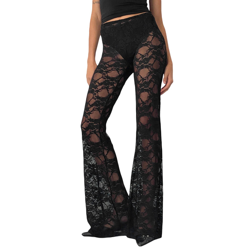 Gothic Sheer Lace High Waist Flared Aesthetic Black Summer Pants