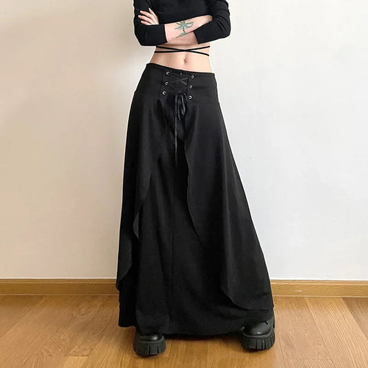 High Waist Layered Ruffle Maxi Cake Party Wedding Guest Y2k Black a Line Skirt