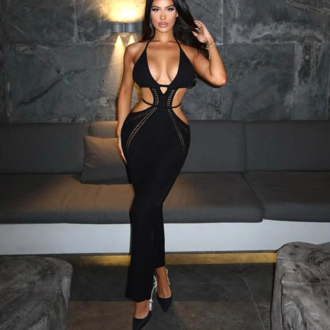 Hip Wrap Pure Hollow Slim Midi Dresses